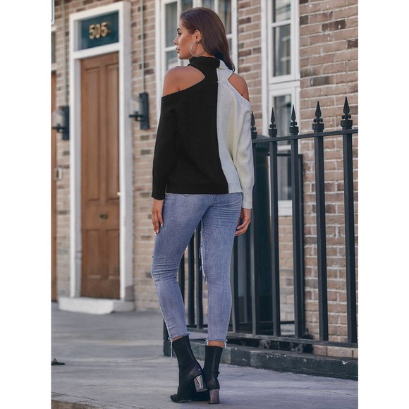 Ribbed Two Toned cold Shoulder cutout Turtleneck Sweater white black - Picture 2 of 6